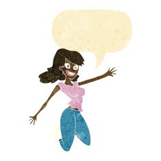cartoon jumping woman with speech bubble