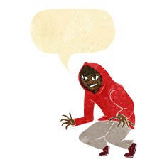 cartoon mischievous boy in hooded top with speech bubble