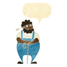 cartoon farmer leaning on walking stick with speech bubble