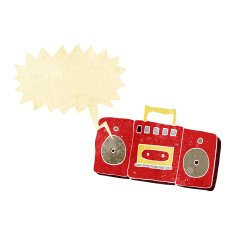 cartoon radio cassette player with speech bubble