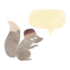 cartoon squirrel wearing hat with speech bubble