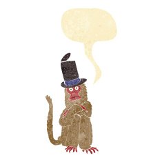 cartoon monkey wearing hat with speech bubble