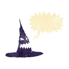 cartoon spooky witches hat with speech bubble
