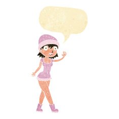 cartoon pretty girl in hat waving with speech bubble N2