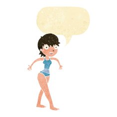 cartoon happy woman in swimming costume with speech bubble N2