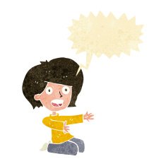 cartoon shocked woman on knees with speech bubble
