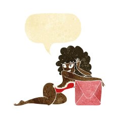 cartoon pin up woman with box speech bubble