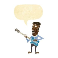 cartoon man playing electric guitar with speech bubble