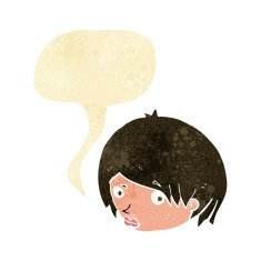 cartoon female face with raised eyebrow speech bubble