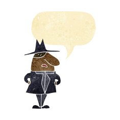 cartoon man in coat and hat with speech bubble