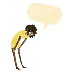 cartoon woman looking at her feet with speech bubble