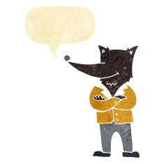 cartoon wolf in shirt with speech bubble