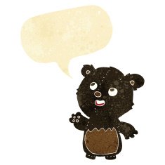cartoon happy little teddy black bear with speech bubble