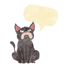 cartoon grumpy little dog with speech bubble
