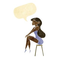 cartoon woman sitting on stool with speech bubble N2