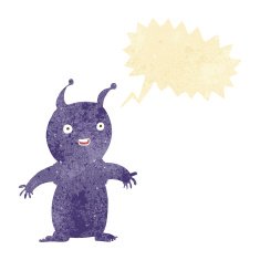 cartoon happy little alien with speech bubble N2
