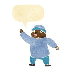cartoon man in hat waving with speech bubble