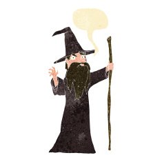 cartoon old wizard with speech bubble
