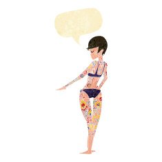 cartoon bikini girl covered in tattoos with speech bubble N2