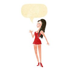 cartoon woman in pink dress with speech bubble N2