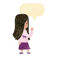 cartoon girl with pony shirt waving speech bubble N2