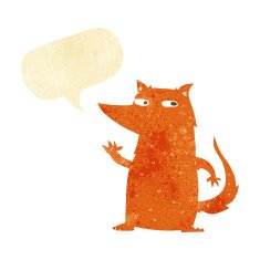 cartoon fox waving with speech bubble