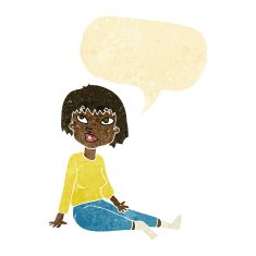 cartoon woman sitting on floor with speech bubble