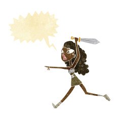 cartoon girl with sword speech bubble