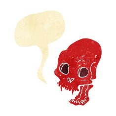 cartoon spooky vampire skull with speech bubble