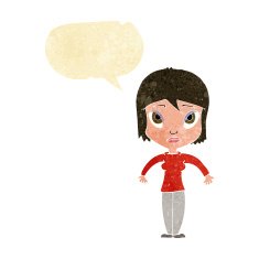 cartoon woman shrugging shoulders with speech bubble N7