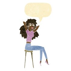 cartoon woman posing on stool with speech bubble N2