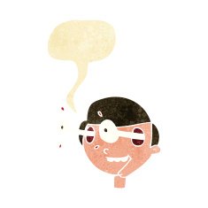 cartoon excited boy's face with speech bubble