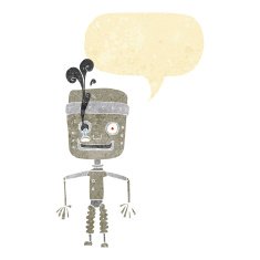 cartoon malfunctioning robot with speech bubble