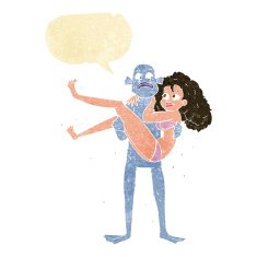 cartoon swamp monster carrying woman in bikini with speech bubbl N2