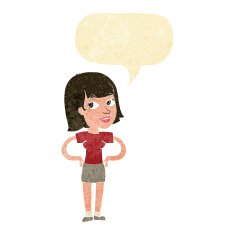 cartoon happy woman with hands on hips speech bubble N2