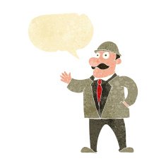 cartoon sensible business man in bowler hat with speech bubble N2