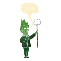 cartoon devil with pitchfork speech bubble
