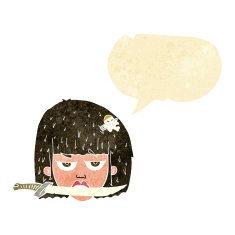 cartoon woman holding knife between teeth with speech bubble