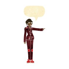 cartoon woman in leather jacket pointing with speech bubble