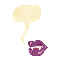 cartoon vampire fangs with speech bubble