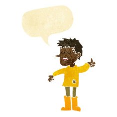 cartoon poor boy with positive attitude speech bubble
