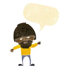cartoon happy bearded man waving with speech bubble