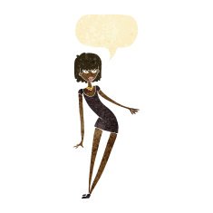 cartoon woman in dress leaning with speech bubble