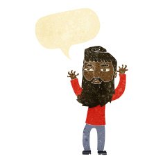 cartoon bearded man waving arms with speech bubble