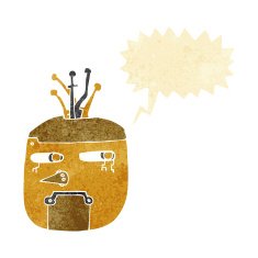 cartoon gold robot head with speech bubble