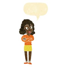 cartoon woman with crossed arms speech bubble