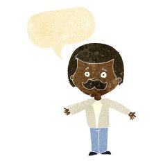 cartoon mustache man with open arms speech bubble