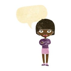 cartoon woman with folded arms speech bubble