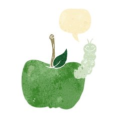 cartoon apple with bug speech bubble N2