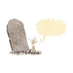 cartoon zombie rising from grave with speech bubble